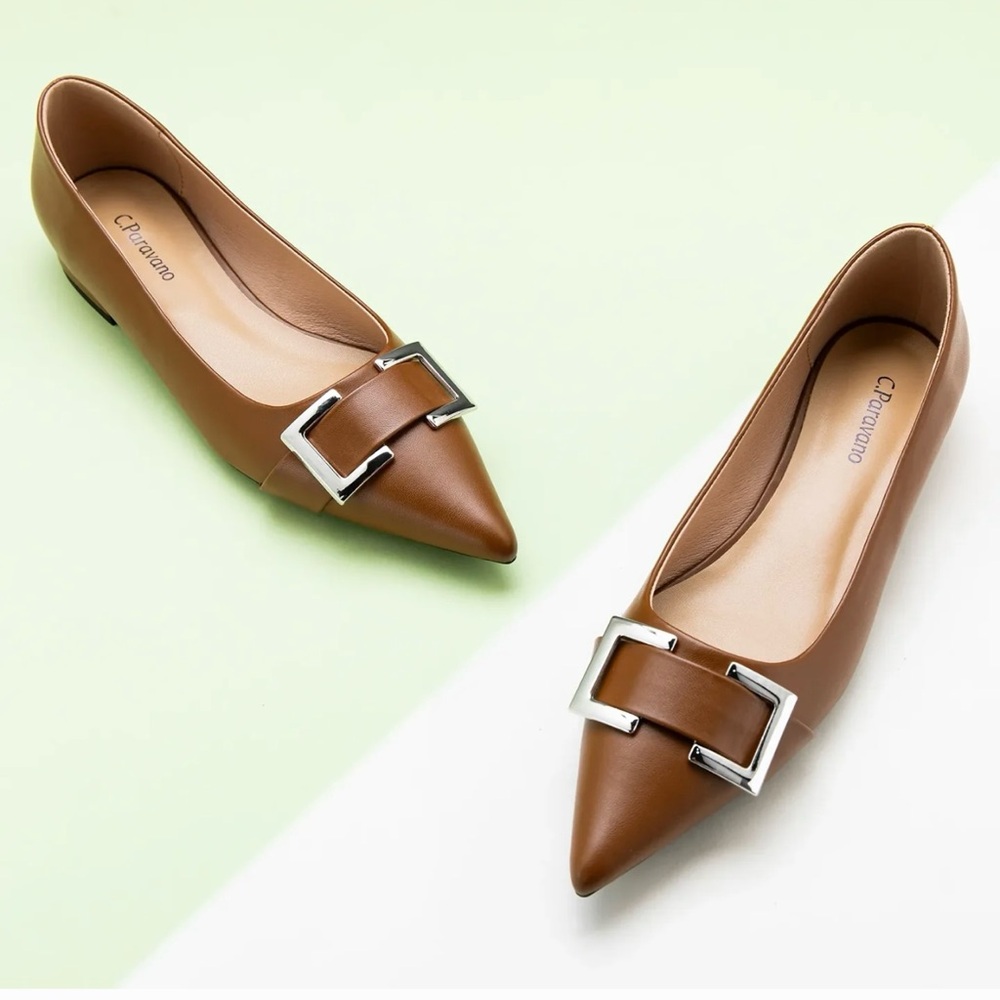 C.Paravano Aida leather buckle pointed toe brown flat.  New - size 42/11 US